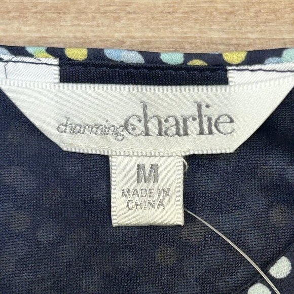 Charming Charlie Dress Womens Medium Shift Dress Blue Dots Roll Tab Sleeves - Picture 5 of 14